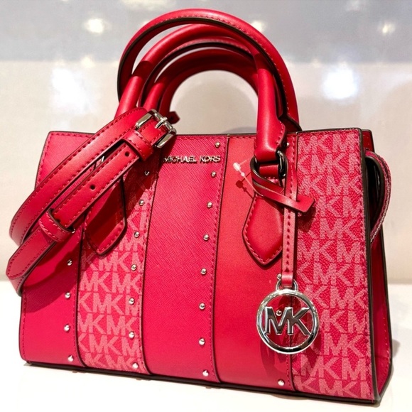 Michael Kors Sheila Small Studded Signature Logo Satchel Dark Raspberry Multi - Picture 1 of 10